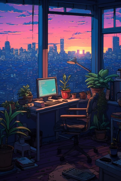 A window with a view of a city and a computer on it.