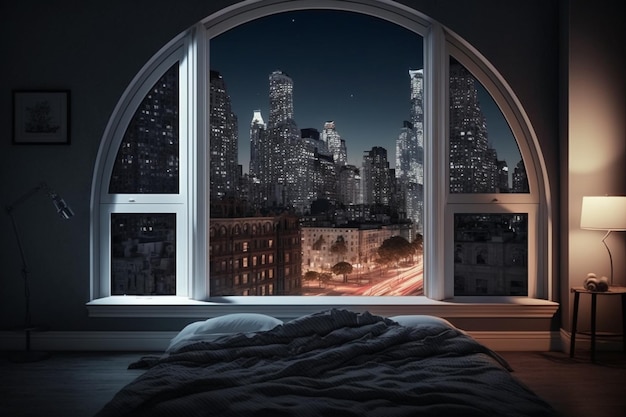 A window with a view of a city at night ai generated