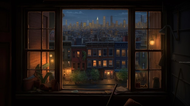 A window with a view of a city at night