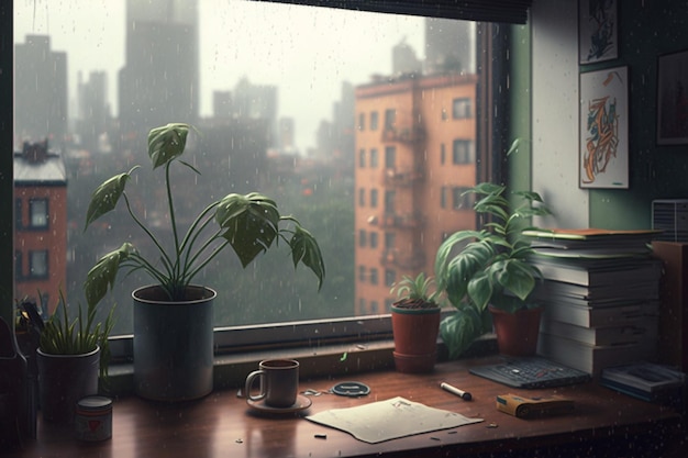 A window with a view of a city and a plant on it.