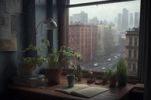 A window with a view of a city and a plant on it