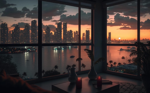 A window with a view of a city and a sunset