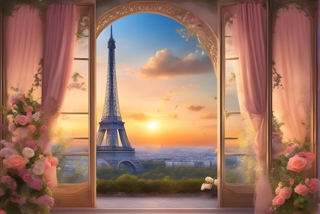 a window with a view of the eiffel tower at sunset.