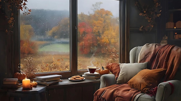 a window with a view of a field and a book on the table