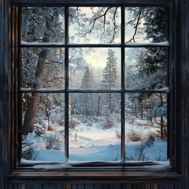 a window with a view of a forest and a snowy landscape