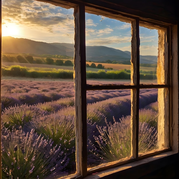 Photo a window with a view of lavender fields and the sun setting