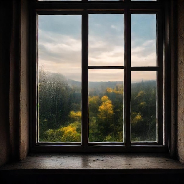 a window with a view of a mountain view