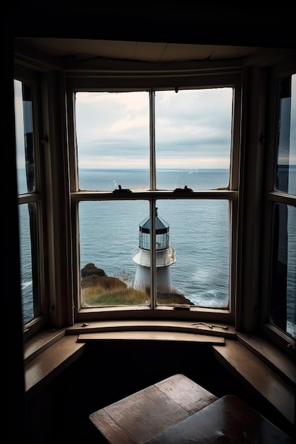 Window with view on the ocean and lighthouse generative ai