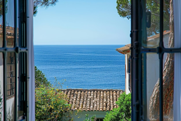 a window with a view of the ocean and the ocean