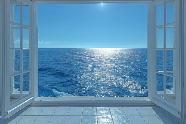 A window with a view of the ocean