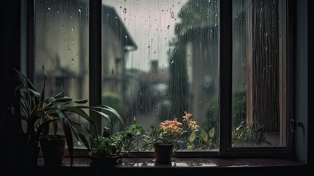 A window with a view of the raindrops on it