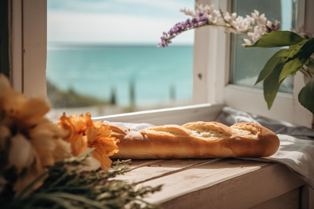 A window with a view of the sea and a bread on it