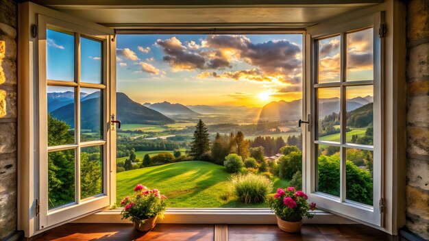 Photo a window with a view of a sunset and mountains