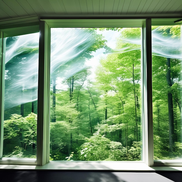 a window with a view of trees and a forestnear open window at modern home generative ai