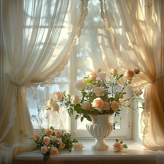 a window with a white curtain and flowers on the window sill