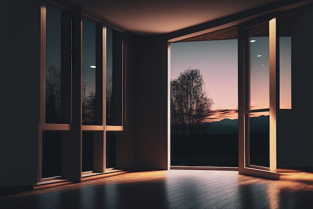 Windowed interior of a house empty space evening scene design for an architectural notion