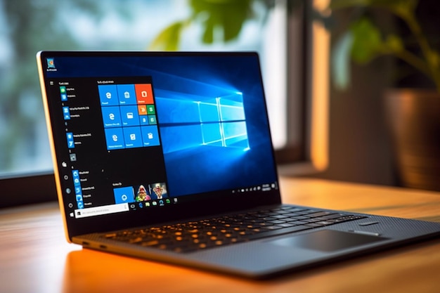 Photo windows 11 logo on laptop screen a new operating system update from microsoft generative ai