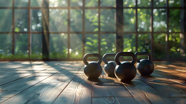 Windows background fitness room with a wooden floor and three kettlebells on the side blurred landsc