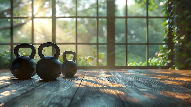 Windows background fitness room with a wooden floor and three kettlebells on the side blurred landsc