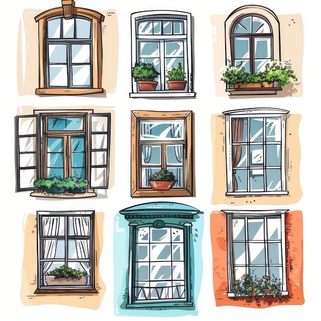 Photo windows drawing set handdrawn architecture design elements windows freehand pictures