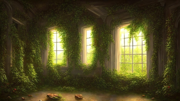 Windows of empty abandoned house palace overgrown with vegetation ivy and vines from inside Magical fabulous house windows in room Building is captured by nature and vegetation 3d illustration