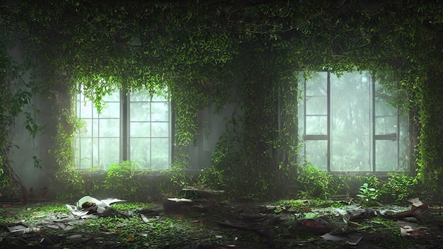 Windows of empty abandoned house palace overgrown with vegetation ivy and vines from inside Magical fabulous house windows in room Building is captured by nature and vegetation 3d illustration