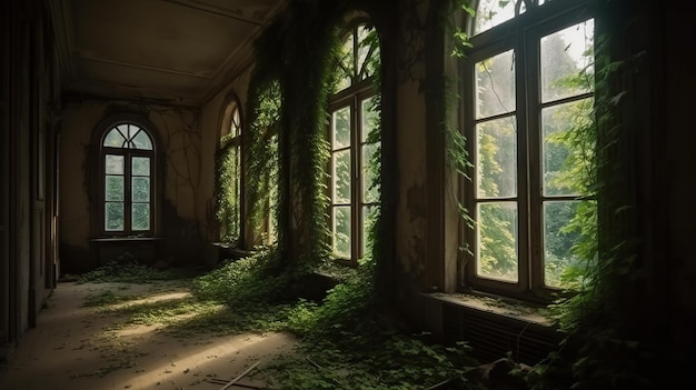 Windows of house overgrown with ivy in old abandoned building grass