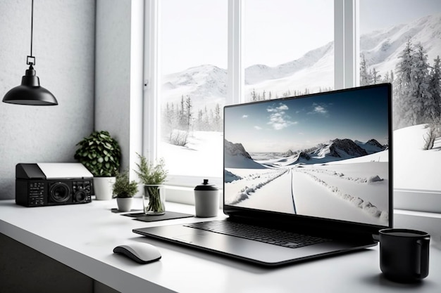 A windowsill with a laptop and a snow scene on it.