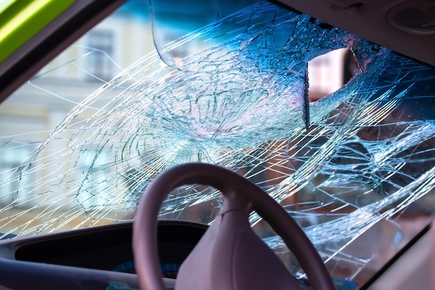 Windshield of a car after a traffic accident transport safety