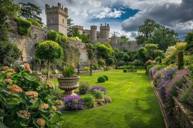 Windsor Castle in England with its medieval towers and lush grounds