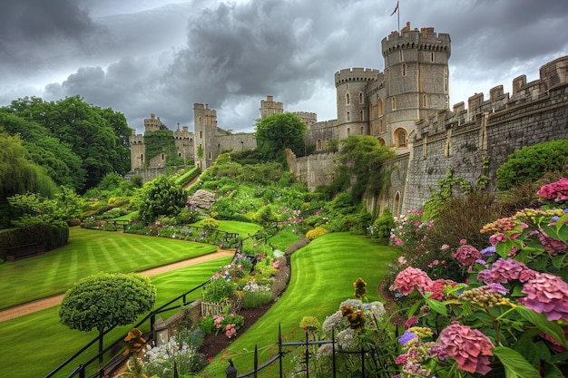 Windsor Castle in England with its medieval towers and lush grounds