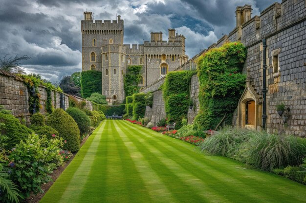 Windsor Castle in England with its medieval towers and lush grounds