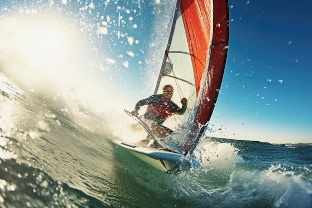 The windsurfer equipped with a sail and board glides gracefully across the water skillfully