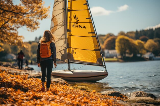 Windsurfer girl is getting ready for an exciting windsurfing session