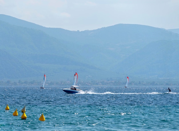 Windsurfing on a sunny day in the Aegean Sea in Greece