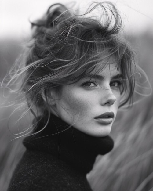 Windswept Hair of Woman in Black and White Generative AI