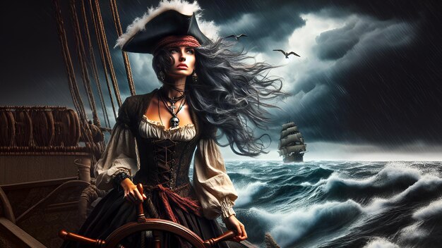 Windswept pirate maiden navigating stormy seas with fearless determination