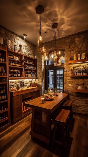 A wine bar with a wooden table and a glass door that says'wine'on it