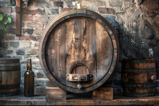 Wine Barrel in Winery Cellar Old Whiskey Alcohol Keg Wine Barrel Mockup Abstract Generative AI Illustration