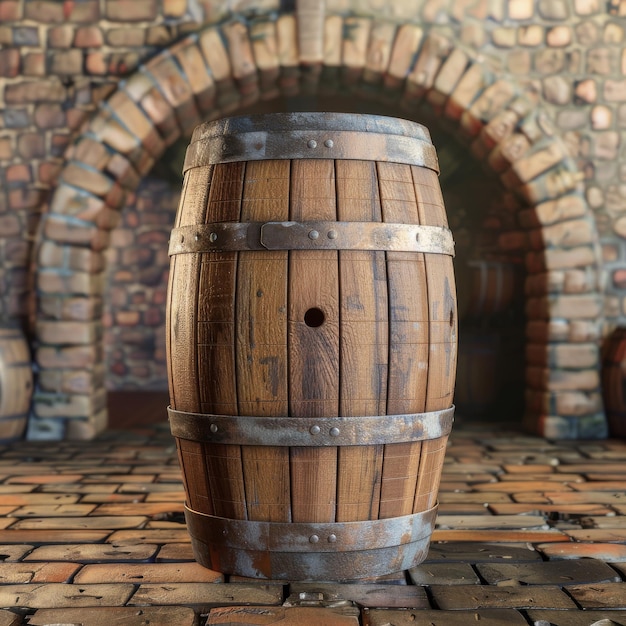 Photo wine barrel in winery cellar old whiskey alcohol keg wine barrel mockup abstract generative ai illustration