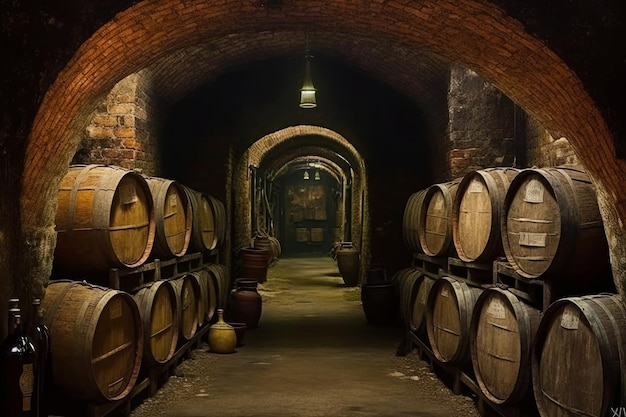 Wine barrels in an old wine cellar Generative AI