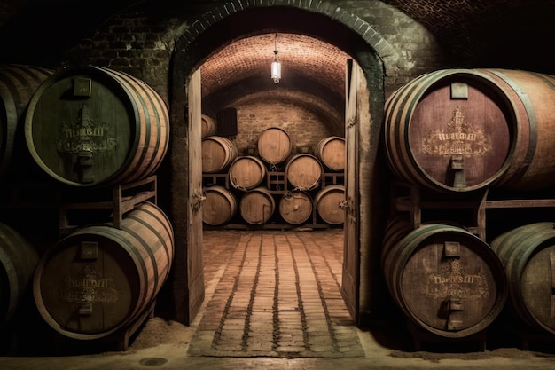 Wine barrels in wine cellar Generative AI