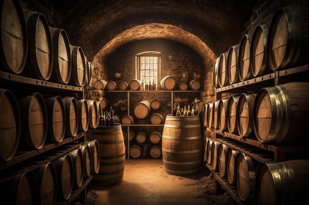 Wine barrels in wine cellar Generative AI