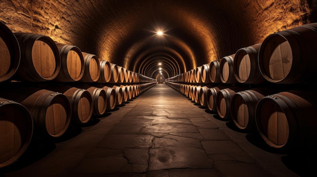 Wine barrels in wine vaults wide angle