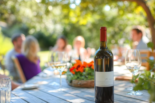 Wine Bottle at a Garden Party Celebrating with Family and Friends