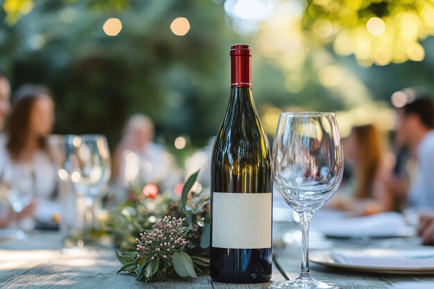 Wine Bottle at a Garden Party Celebrating with Family and Friends