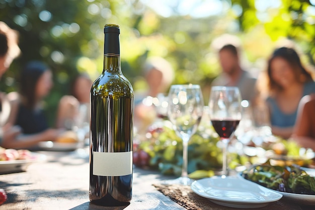 Wine Bottle at a Garden Party Celebrating with Family and Friends