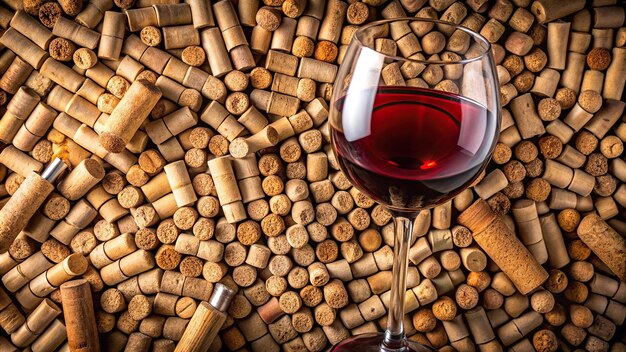 Wine bottle and glass made from corks in extreme closeup