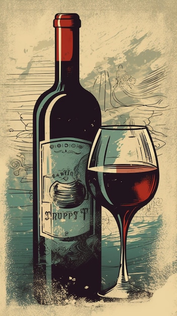 Wine bottle and glass vector art poster design