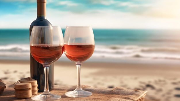 wine bottle and glasses on the beach